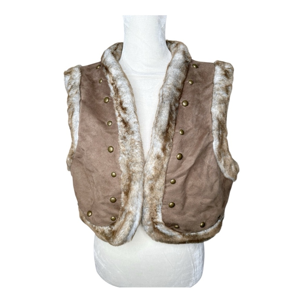 Candie’s Y2K Penny Lane Style Cropped Vest Size Large Faux Suede Fur Trim Studs